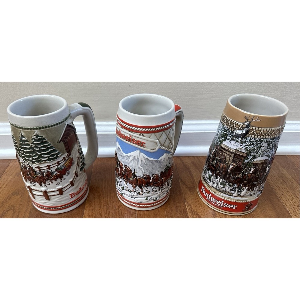1984 1985 1987 Budweiser Holiday Stein VTG Clydesdales Christmas Mug Lot Of 3